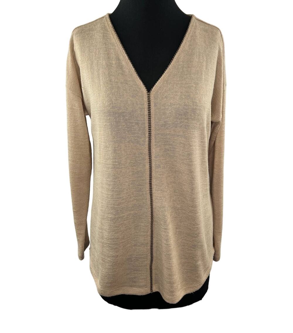Soft Surroundings Beige/Blush Long Sleeve Beaded V-Neck Okko Sweater Size M
